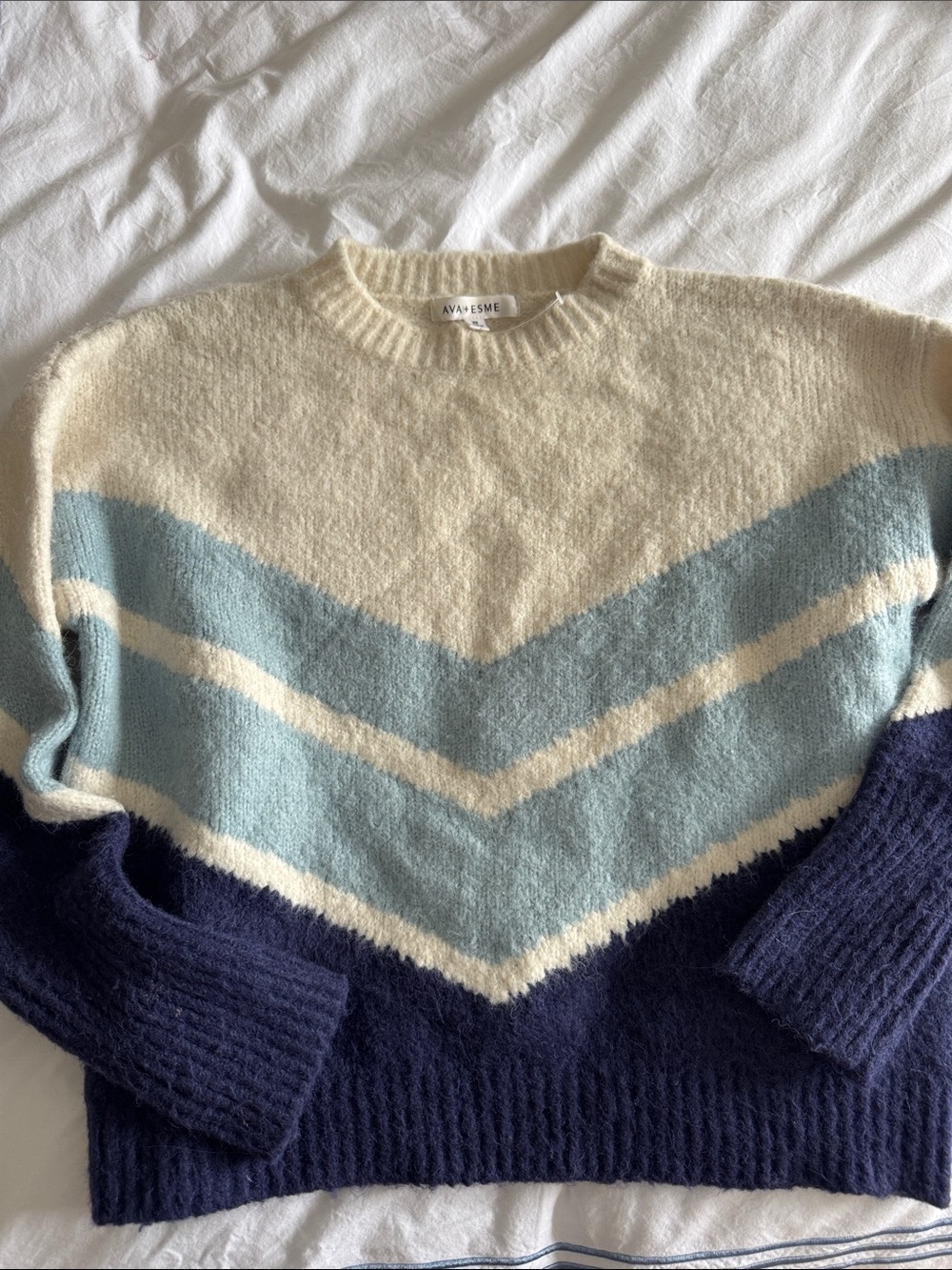 Cream and Blue Chevron Knit Sweater